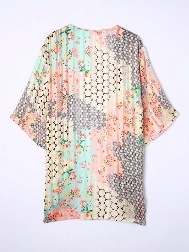 Acelitt Women's Bohemian Style Polka Dot Print Batwing Sleeve Loose Casual Kimono Jacket, Suitable For Travel, Beach, Vacation In Summer - Multicolor - View 7