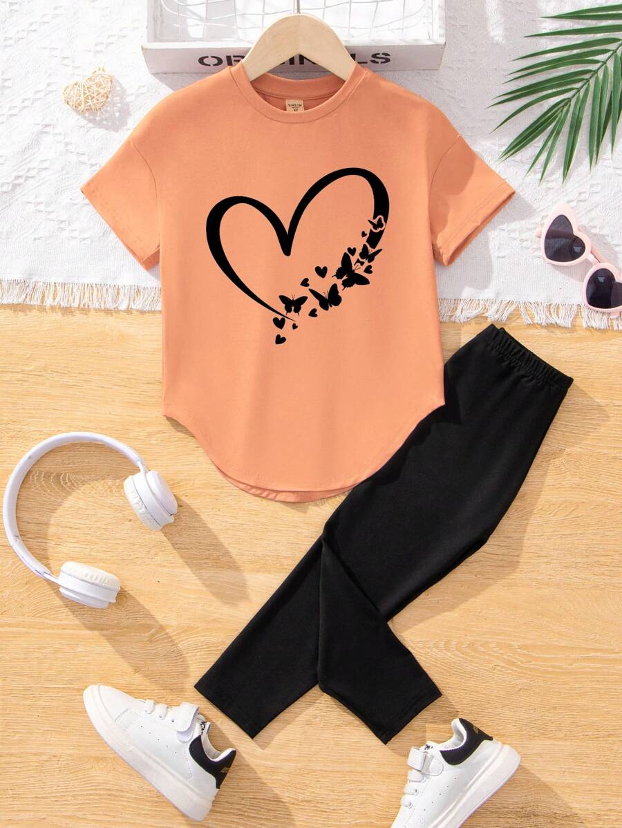 SHEIN 2 buc/Set fetiță ocazională imprimeu inimă tricou cu mânecă scurtă cu gât și pantaloni negri, haine de primăvară vară înapoi la școală - Multicolor - Vizualizare 1