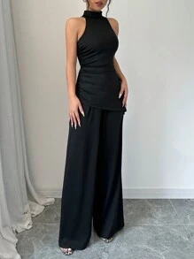 Elenzga 2 件套纯色不对称下摆无袖上衣和直腿裤