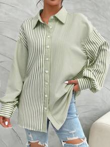 SHEIN Camisa casual de manga larga con botones y estampado de rayas para mujeres - Verde - Ver 5