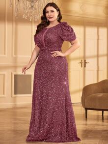 女士圆领褶皱修身优雅迷人长款亮片连衣裙 - 粉色 - 查看 4