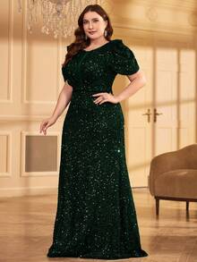 Plus Size Women's Ruched Fitted Elegant Sequin Maxi Formal Dress, Suitable For Prom, Wedding Guest, Graduation Ceremony, Gala - Dark Green - View 4