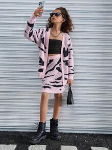 SHEIN Explorewe 2pcs/Set Tween Girls Zebra Print Cardigan Sweater + Mini Skirt - Pink - View 4