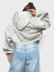 SUMWON WOMEN 短款拉链花卉图案印花连帽衫，带小刺绣印花 - 灰色 - 查看 2