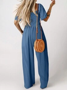 Acelitt Women Plain Simple Loose V-Neck Short Sleeve Jumpsuit - Dusty Blue - View 2