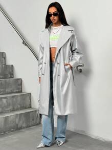 GENKIRA Chic Silver Lapel Double-Breasted PU Leather Jacket With Belt - Silver - View 4