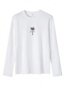 2025 女士秋季椰树字母印花休闲度假风圆领长袖T恤，我们时尚的女士长袖T恤可以提升您的衣橱品味：这些上衣非常适合叠穿，休闲或个性表达皆宜，适合各种场合，兼具舒适性和时尚感。白色春季 - 白色 - 查看 4