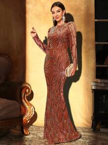 UNITHORSE Contrast Sequin Mermaid Hem Prom Dress Elegant Long Sleeve Formal Evening Wedding Guest Gown, For Graduation, Dinner Party Dress, Bride Dress, Birthday Women Outfits Dress - 橘色 - 查看 6