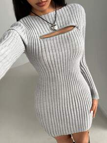 Chiquease Sexy Front Zipper Decor Slim-Fit Bodycon Sweater Dress For Women Fall Cloth For Women - Grey - View 3