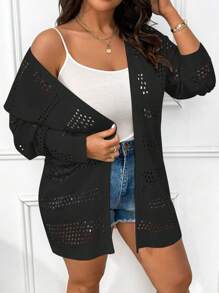 Plus Size Solid Color Hollow Out Casual Cardigan Fall Winter Cloth For Women Autumn - Black - View 6