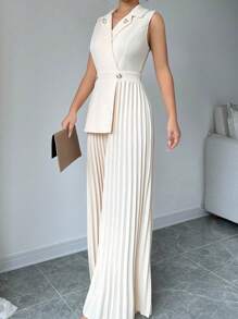 Elenzga Lapel Neck Pleated Wide Leg Jumpsuit - Apricot - View 4