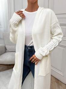 RueChic Casual Boho Cable & Rib Knit Mixed Pocket Detailed Maxi Cardigan With Hoodie - White - View 6