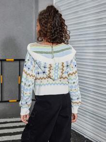 SHEIN Tween Girl 秋冬 V 领宽松针织连帽毛衣，甜美时尚休闲风格，拼色、费尔岛风和花卉印花，灯笼袖，适合居家、旅行、派对、学校、购物 - 白色 - 查看 2