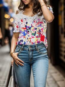 Chiquease Women's Vacation Open Shoulder Lace Floral Print T-Shirt