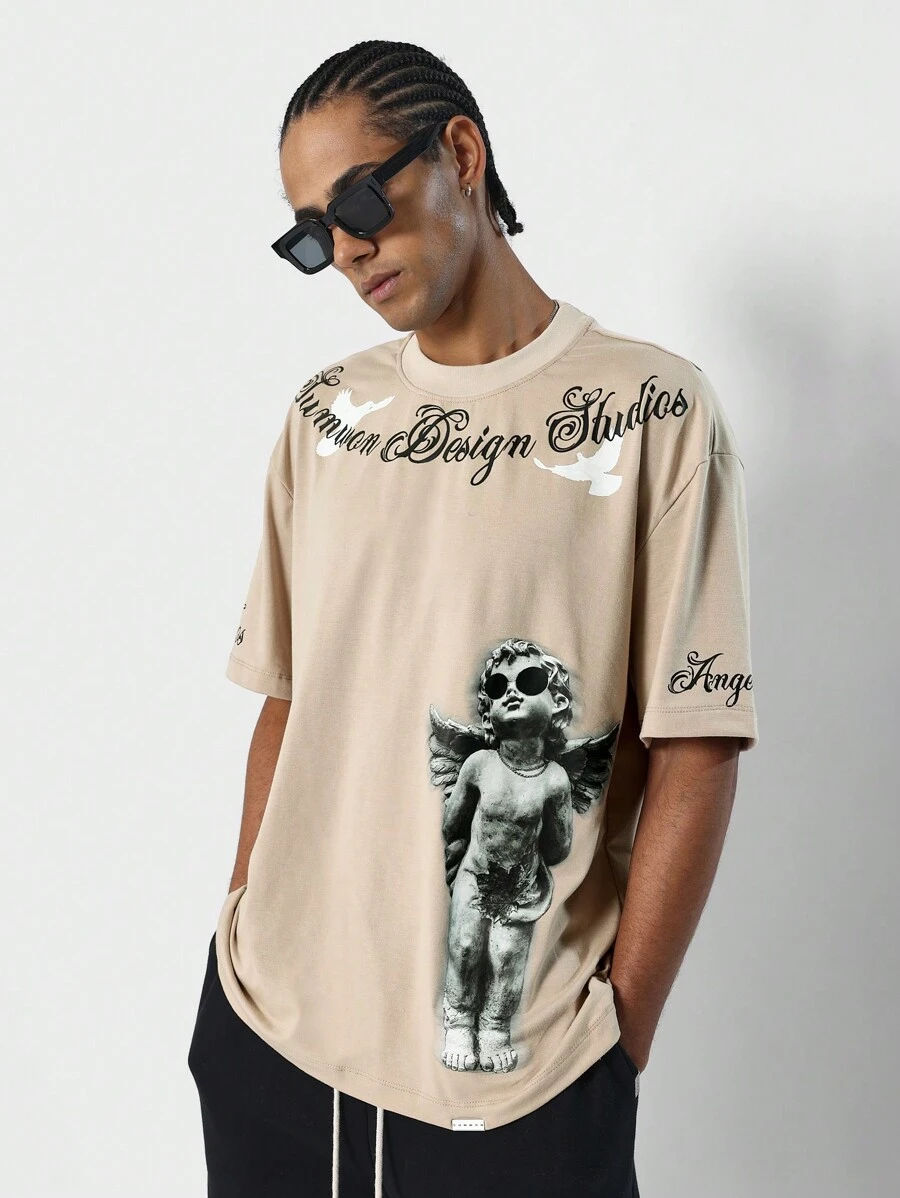 SUMWON Áo thun có hình Cherub phía trước - Màu Khaki - Xem 1