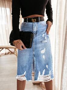 Women's Waistband With Pocket Design Ripped Distressed Hem Split Casual Denim Skirt - Light Wash - View 5