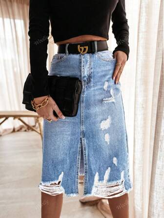Dames tailleband met zakontwerp, gescheurde, versleten zoom, split, casual denim rok