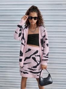 SHEIN Explorewe 2pcs/Set Tween Girls Zebra Print Cardigan Sweater + Mini Skirt - Pink - View 6
