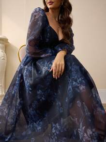 Aveloria Rosie 随机精致甜心领欧根纱花卉印花透明泡泡袖溜冰裙节日派对生日正式场合礼服