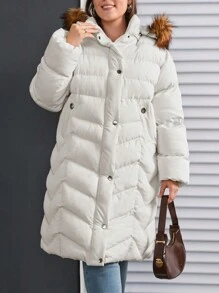 RueChic Plus Fuzzy Trim Hooded Zip Up Puffer Coat - White - View 6