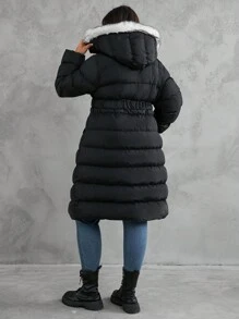 EURMUSE Women's Plus Belted Winter Coat Belted Puffer Faux Fur - Black - View 2