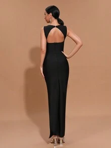 Modphy 2024 New Black Sexy Sleeveless Sheer Mesh Contrast Slit Maxi Bandage Dress, Bridesmaid Gown For Women, Formal Evening Party Dress