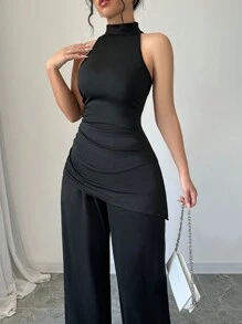 Elenzga 2 件套纯色不对称下摆无袖上衣和直腿裤