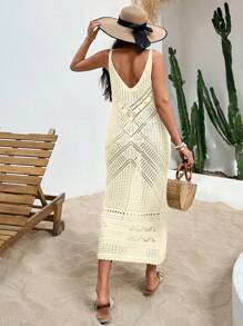 EURMUSE V Neck Ajour Midi Dress With Straps - Beige - View 2