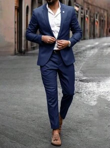 Manfinity Mode Men's Single-Breasted Casual Blazer - Navy Blue - View 4