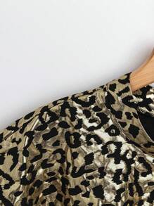 Celure 加大码豹纹立领短袖宽松双肩衬衫 - 銀色 - 查看 4