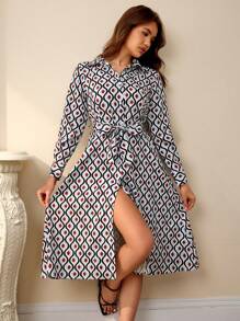 Aveloria Rosie All-Over Print Buttoned Front Belted Long Sleeve Dress