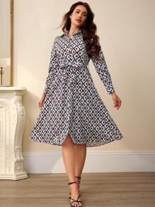 Aveloria Rosie All-Over Print Buttoned Front Belted Long Sleeve Dress