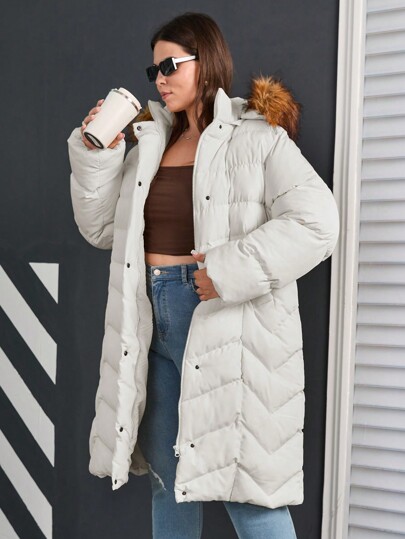 RueChic Plus Fuzzy Trim Hooded Zip Up Puffer Coat