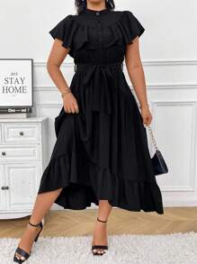 SHEIN Unity Plus Ruffle Trim Belted Dress Maxi Women Outfit - Black - View 3