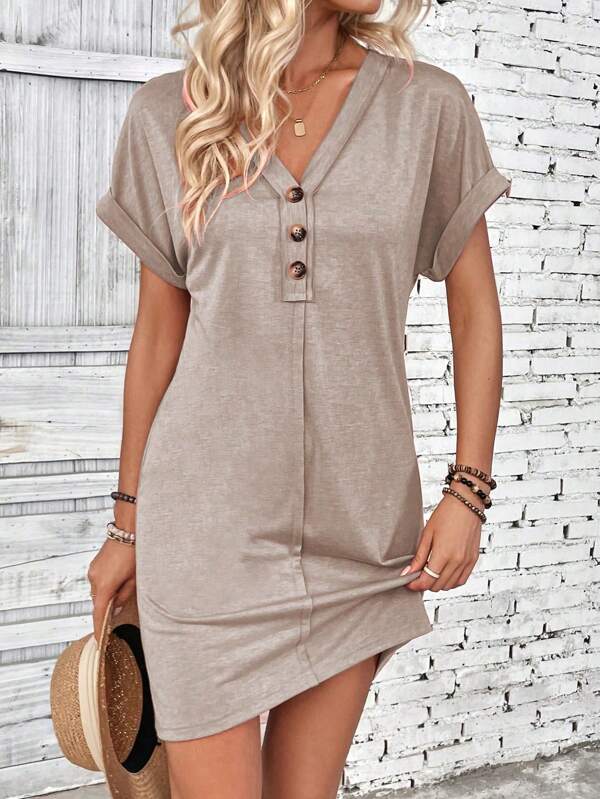 EMERY ROSE Women's Solid Color V-Neck Batwing Sleeve Midi Dress