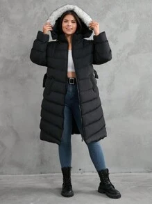 EURMUSE Women's Plus Belted Winter Coat Belted Puffer Faux Fur - Black - View 4