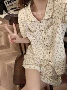 2pcs Women's Loose Short Pajama Set, Apricot-Colored Ditsy Floral, Suitable For Home Use - Apricot - View 1