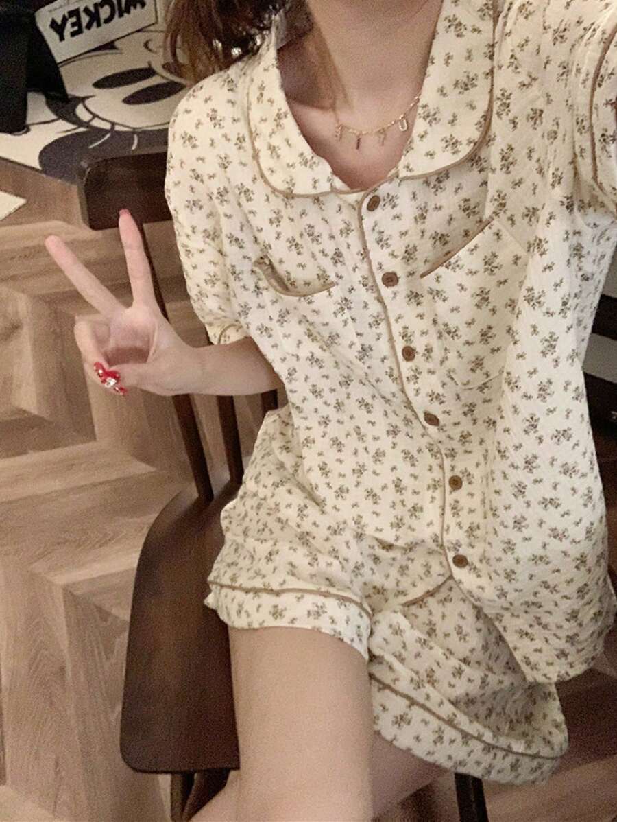 2pcs Women's Loose Short Pajama Set, Apricot-Colored Ditsy Floral, Suitable For Home Use - Apricot - View 1