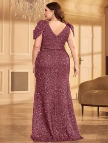 女士圆领褶皱修身优雅迷人长款亮片连衣裙 - 粉色 - 查看 2