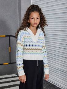 SHEIN Tween Girl 秋冬 V 领宽松针织连帽毛衣，甜美时尚休闲风格，拼色、费尔岛风和花卉印花，灯笼袖，适合居家、旅行、派对、学校、购物 - 白色 - 查看 3