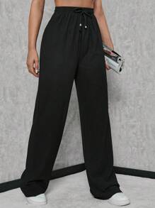 SHEIN Tall Women's Tall Solid Elastic Waist Strap Wide Leg Pants - Black - View 4