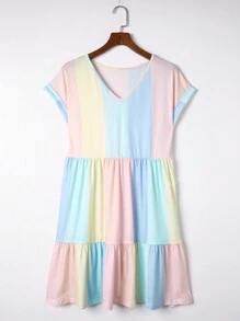 Acelitt Colorblock Ruffle Hem Smock Dress