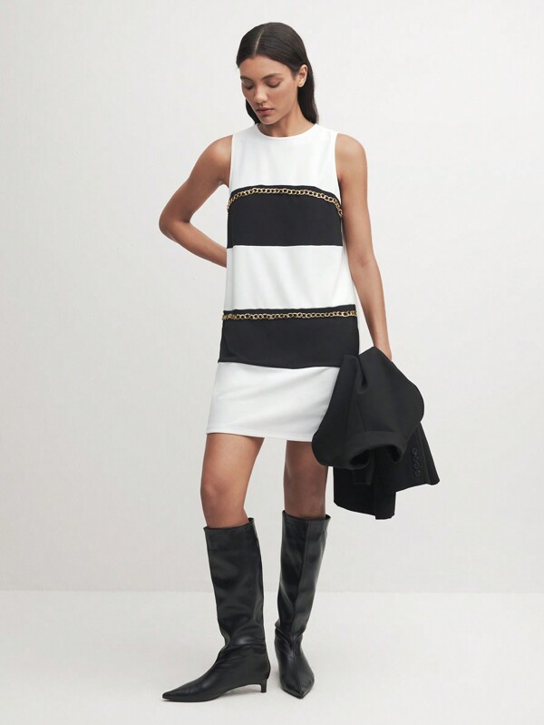 BizChic Black & White Contrast Metal Chain Decor Bodycon Formal Dress Business Casual Women