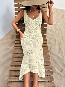 EURMUSE V Neck Ajour Midi Dress With Straps - Beige - View 5