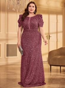 女士圆领褶皱修身优雅迷人长款亮片连衣裙 - 粉色 - 查看 1