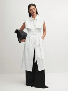 BizChic 白色宽肩带腰带单排扣宽松夏季风衣商务休闲女装 - 白色 - 查看 6