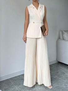 Elenzga Lapel Neck Pleated Wide Leg Jumpsuit - Apricot - View 6