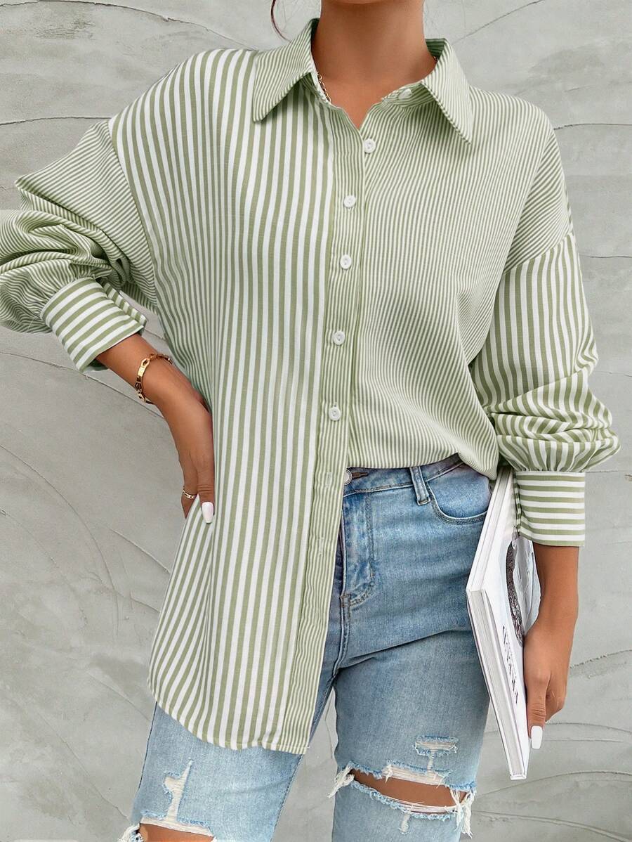 SHEIN Camisa casual de manga larga con botones y estampado de rayas para mujeres - Verde - Ver 1