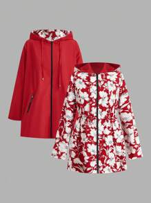 SHEIN Clasi 女士纯色连帽拉链休闲长袖连帽拉链开学服秋季女装复古风格教师服红色夹克秋季女装 - 紅色 - 查看 3