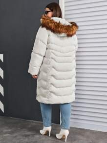 RueChic Plus Fuzzy Trim Hooded Zip Up Puffer Coat - White - View 2